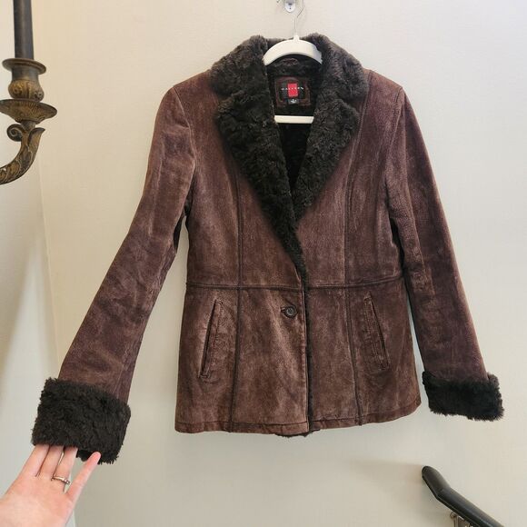 Early 2000s/y2k Faux Fur Trimmed Real Suede Leather Coat Brown Brat Whimsygoth S - Picture 1 of 9